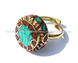Adjustable Ring Turquoise, Coral, Brass Tibetan Ring Boho Ring Tibet Yoga Ethnic Ring Handmade Ring Tibetan Jewelry TibetanBeadStore- R91