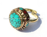 Adjustable Ring Turquoise, Coral, Brass Tibetan Ring Boho Ring Tibet Yoga Ethnic Ring Handmade Ring Tibetan Jewelry TibetanBeadStore- R103