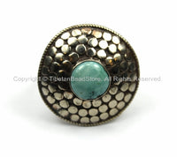 Ethnic Tribal Tibetan Irregular Circular Dotted Shield Tibetan Ring with Turquoise Inlay (SIZE 8.5) Nepal Ring TibetanBeadStore- R122-8.5