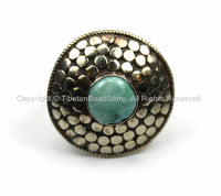 Ethnic Tribal Tibetan Irregular Circular Dotted Shield Tibetan Ring with Turquoise Inlay (SIZE 9.25) Nepal Ring TibetanBeadStore- R122-9.25