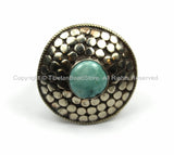 Ethnic Tribal Tibetan Irregular Circular Dotted Shield Tibetan Ring with Turquoise Inlay (SIZE 9.25) Nepal Ring TibetanBeadStore- R122-9.25