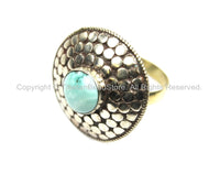 Ethnic Tribal Tibetan Irregular Circular Dotted Shield Tibetan Ring with Turquoise Inlay (SIZE 9.25) Nepal Ring TibetanBeadStore- R122-9.25
