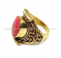 Tibetan Coral Brass Ring (SIZE 9.25) Ethnic Ring Tribal Boho Ring Nepal Tibet Ring Statement Ring TibetanBeadStore Jewelry- R131-9.25
