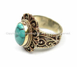 Tibetan Turquoise & Brass Floral Filigree Ring (SIZE 9.5) Ethnic Ring Tribal Boho Ring Nepal Ring Tibet Ring Tibetan Jewelry- R132-9.5