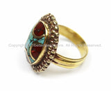 Tibetan Turquoise, Coral, Brass Ring (SIZE 8) Nepalese Ring Ethnic Ring Tribal Boho Ring Nepal Ring Tibet Ring Tibetan Jewelry- R134-8