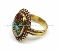 Tibetan Turquoise, Coral, Brass Ring (SIZE 8) Nepalese Ring Ethnic Ring Tribal Boho Ring Nepal Ring Tibet Ring Tibetan Jewelry- R136-8