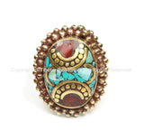 Tibetan Turquoise, Coral, Brass Ring (SIZE 8) Nepalese Ring Ethnic Ring Tribal Boho Ring Nepal Ring Tibet Ring Tibetan Jewelry- R136-8