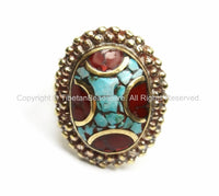 Tibetan Turquoise, Coral, Brass Ring (SIZE 8) Nepalese Ring Ethnic Ring Tribal Boho Ring Nepal Ring Tibet Ring Tibetan Jewelry- R142-8