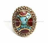 Tibetan Turquoise, Coral, Brass Ring (SIZE 8) Nepalese Ring Ethnic Ring Tribal Boho Ring Nepal Ring Tibet Ring Tibetan Jewelry- R142-8