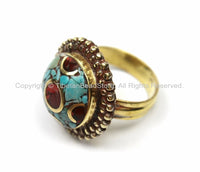 Tibetan Turquoise, Coral, Brass Ring (SIZE 8) Nepalese Ring Ethnic Ring Tribal Boho Ring Nepal Ring Tibet Ring Tibetan Jewelry- R148-8
