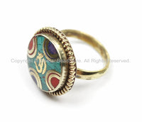 OM Tibetan Ring Nepalese Ring (SIZE 6.25) Turquoise, Lapis, Coral, Brass Ring Nepalese Ethnic Ring Boho Ring Nepal Statement Ring- R158-6.25