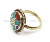 OM Tibetan Ring Nepalese Ring (SIZE 7.75) Turquoise, Lapis, Coral, Brass Ring Nepalese Ethnic Ring Boho Ring Nepal Statement Ring- R161-7.75