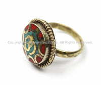 OM Tibetan Ring Nepalese Ring (SIZE 7.25) Turquoise, Coral, Brass Ring Nepalese Ethnic Ring Boho Ring Nepal Ring Statement Ring- R167-7.25