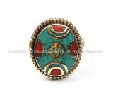 OM Tibetan Ring Nepalese Ring (SIZE 8) Turquoise, Coral, Brass Ring Nepalese Ethnic Ring Boho Ring Nepal Ring Statement Ring- R168-8