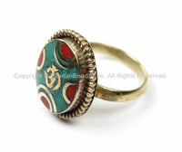 OM Tibetan Ring Nepalese Ring (SIZE 8) Turquoise, Coral, Brass Ring Nepalese Ethnic Ring Boho Ring Nepal Ring Statement Ring- R168-8