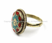 OM Tibetan Ring Nepalese Ring (SIZE 8) Turquoise, Coral, Brass Ring Nepalese Ethnic Ring Boho Ring Nepal Ring Statement Ring- R174-8