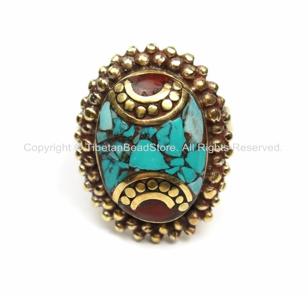 Tibetan Turquoise, Coral, Brass Ring (SIZE 7.5) Nepalese Ring Ethnic Ring Tribal Boho Ring Nepal Ring Tibet Ring Tibetan Jewelry- R135-7.5