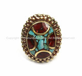Tibetan Turquoise, Coral, Brass Ring (SIZE 8) Nepalese Ring Ethnic Ring Tribal Boho Ring Nepal Ring Tibet Ring Tibetan Jewelry- R134-8