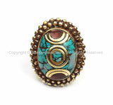 Tibetan Turquoise, Coral, Brass Ring (SIZE 7) Nepalese Ring Ethnic Ring Tribal Boho Ring Nepal Ring Tibet Ring Tibetan Jewelry- R139-7