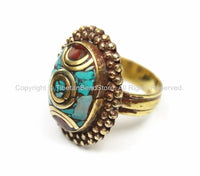 Tibetan Turquoise, Coral, Brass Ring (SIZE 7) Nepalese Ring Ethnic Ring Tribal Boho Ring Nepal Ring Tibet Ring Tibetan Jewelry- R139-7