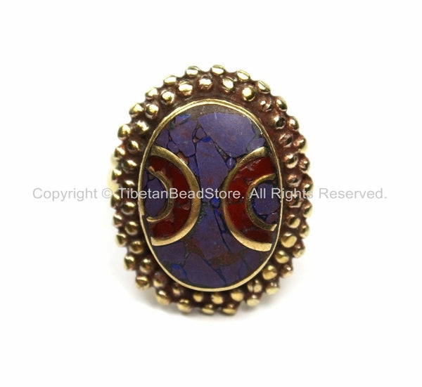 Tibetan Lapis, Coral, Brass Ring (SIZE 7) Nepalese Ring Ethnic Ring Tribal Boho Ring Nepal Ring Tibet Ring Tibetan Jewelry- R141-7