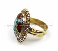 Tibetan Turquoise, Coral, Brass Ring (SIZE 8) Nepalese Ring Ethnic Ring Tribal Boho Ring Nepal Ring Tibet Ring Tibetan Jewelry- R142-8