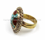 Tibetan Turquoise, Coral, Brass Ring (SIZE 8) Nepalese Ring Ethnic Ring Tribal Boho Ring Nepal Ring Tibet Ring Tibetan Jewelry- R142-8