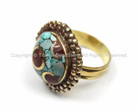 Tibetan Turquoise, Coral, Brass Ring (SIZE 7.5) Nepalese Ring Ethnic Ring Tribal Boho Ring Nepal Ring Tibet Ring Tibetan Jewelry- R146-7.5