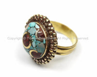 Tibetan Turquoise, Coral, Brass Ring (SIZE 7.5) Nepalese Ring Ethnic Ring Tribal Boho Ring Nepal Ring Tibet Ring Tibetan Jewelry- R146-7.5