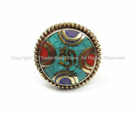 OM Tibetan Ring Nepalese Ring (SIZE 6.25) Turquoise, Lapis, Coral, Brass Ring Nepalese Ethnic Ring Boho Ring Nepal Statement Ring- R158-6.25