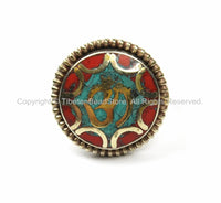 OM Tibetan Ring Nepalese Ring (SIZE 7.25) Turquoise, Coral, Brass Ring Nepalese Ethnic Ring Boho Ring Nepal Ring Statement Ring- R167-7.25