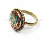 OM Tibetan Ring Nepalese Ring (SIZE 7.5) Turquoise, Coral, Brass Ring Nepalese Ethnic Ring Boho Ring Nepal Ring Statement Ring- R170-7.5