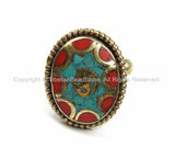 OM Tibetan Ring Nepalese Ring (SIZE 8) Turquoise, Coral, Brass Ring Nepalese Ethnic Ring Boho Ring Nepal Ring Statement Ring- R174-8