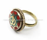 OM Tibetan Ring Nepalese Ring (SIZE 6.5) Turquoise, Coral, Brass Ring Nepalese Ethnic Ring Boho Ring Nepal Ring Statement Ring- R176-6.5