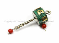 Tibetan "OM" Mantra Prayer Wheel Charm Pendant- Small Nepal Tibet Malachite Inlay Prayer Wheel Charm Pendant- Earring Supplies-WM5753