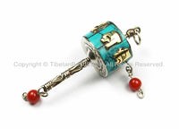 Tibetan "OM" Mantra Prayer Wheel Charm Pendant- Small Nepal Tibet Turquoise Inlay Prayer Wheel Charm Pendant- Earring Supplies-WM5751-1