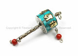 Tibetan "OM" Mantra Prayer Wheel Charm Pendant- Small Nepal Tibet Turquoise Inlay Prayer Wheel Charm Pendant- Earring Supplies-WM5751-1