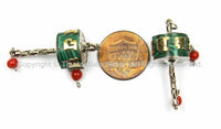 Tibetan "OM" Mantra Prayer Wheel Charm Pendant- Small Nepal Tibet Malachite Inlay Prayer Wheel Charm Pendant- Earring Supplies-WM5753