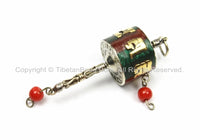 Tibetan "OM" Mantra Prayer Wheel Charm Pendant- Small Nepal Tibet Malachite Coral Inlay Prayer Wheel Charm Pendant- Earring Supplies-WM5754
