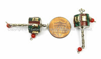 Tibetan "OM" Mantra Prayer Wheel Charm Pendant- Small Nepal Tibet Malachite Coral Inlay Prayer Wheel Charm Pendant- Earring Supplies-WM5754