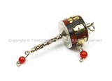 Tibetan "OM" Mantra Prayer Wheel Charm Pendant- Small Nepal Tibet Black Howlite, Coral Inlay Prayer Wheel Charm- Earring Supplies - WM5755