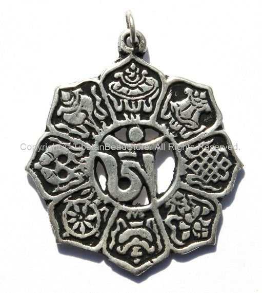 Tibetan Lotus-shaped Om Pendant with 8-Auspicious Symbols- Tibetan Pendant Tibetan Jewelry Nepalese Pendant Nepal Tibet Jewelry Supply- WM38