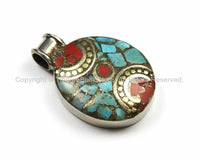 Ethnic Nepal Tibetan Charm Pendant with Brass, Turquoise, Coral Inlays TibetanBeadStore Handmade Nepal Tibetan Beads Pendants Jewelry WM5796