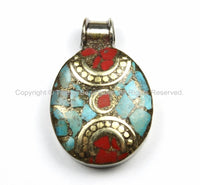 Ethnic Nepal Tibetan Charm Pendant with Brass, Turquoise, Coral Inlays TibetanBeadStore Handmade Nepal Tibetan Beads Pendants Jewelry WM5796