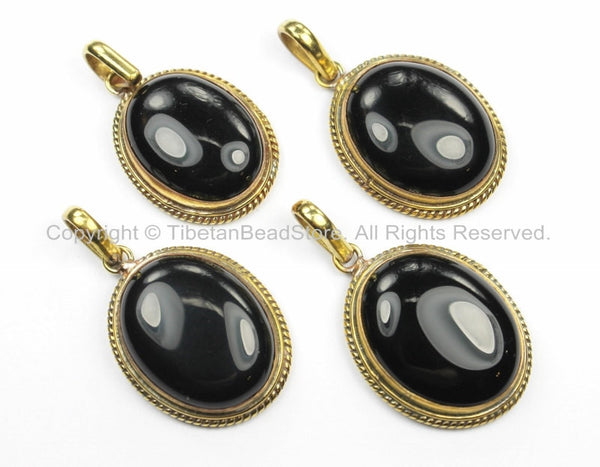 Nepal Tibetan Black Onyx Gemstone Inlay Pendant- Black Onyx Inlay Pendant TibetanBeadStore -Handmade- Brass with Gemstone Inlay- WM5869B