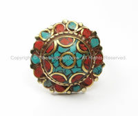 Nepalese Tibetan Floral Style Ring (SIZE 6.75) Turquoise, Coral, Brass Ring Ethnic Ring Boho Ring Yoga Ring Statement Ring- R194-6.75