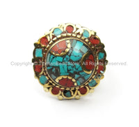 Nepalese Tibetan Floral Style Ring (SIZE 6.25) Turquoise, Coral, Brass Ring Ethnic Floral Ring Boho Ring Yoga Ring Statement Ring- R193-6.25