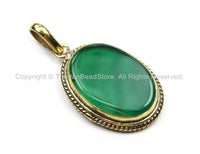 Nepal Tibetan Green Onyx & Brass Pendant- Handmade Nepalese Tibetan Green Onyx Pendant- Oval Focal Pendant- WM5878