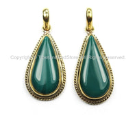 Nepal Tibetan Green Onyx & Brass Teardrop Shape Pendant- Handmade Pendant - Nepalese Tibetan Green Onyx Pendant- Focal Pendant- WM5877