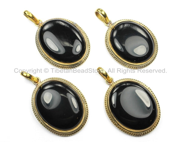 Black Onyx & Brass Nepal Tibetan Pendant- Handmade Pendant - Nepalese Tibetan Black Onyx Pendant- Focal Pendant- TibetanBeadStore- WM5887B